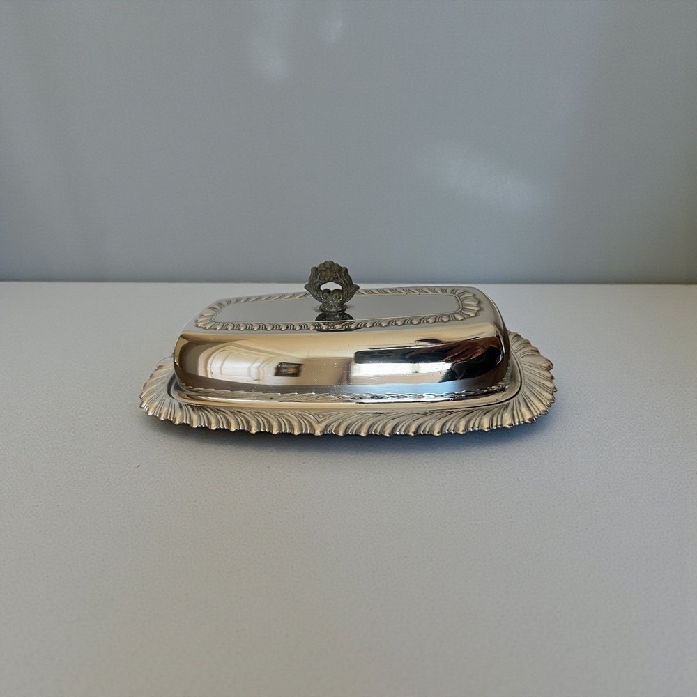 Vintage Chrome Butter Dish‎ with Domed Lid and Ornate Feathered Edge